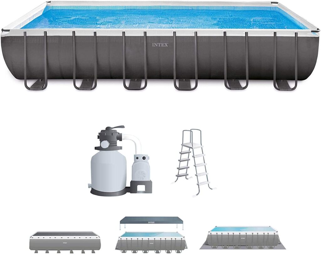 Intex 24ft X 12ft X 52in Ultra Frame Rectangular Pool Set with Sand Filter Pump, Ladder, Ground Cloth & Pool Cover